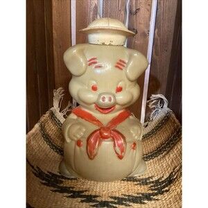 Vintage Plastic Sailor Pig Bank Red Tie White Removable Hat 8" Tall Collectible